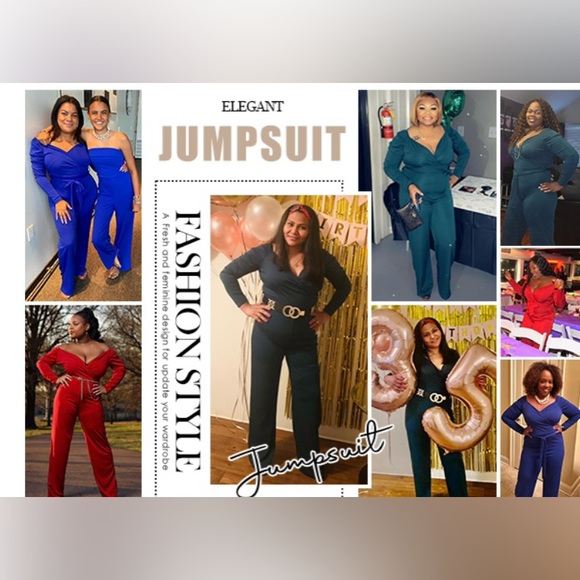 Women's Sexy Wrap Top Wide Leg Long Sleeve Cocktail V Neck Jumpsuit - Picture 7 of 10